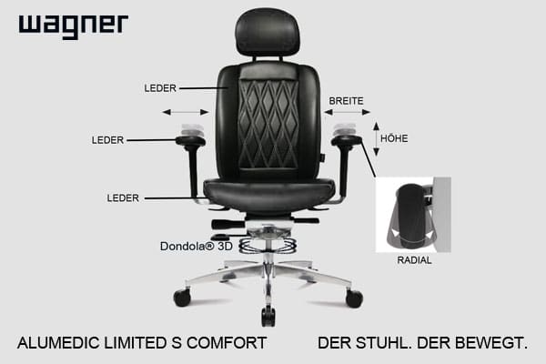 3D Sitzgelenk und Synchronmechanik im Chefsessel mit Lederbezug.