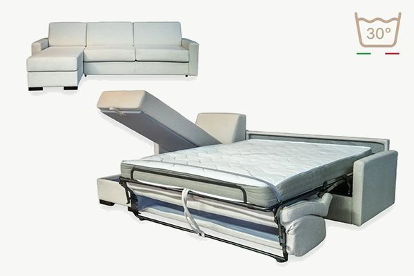Dauerschläfer Ecksofa mit zwei Bettkästen, Matratze und Lattenrost.