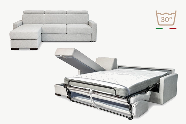 Eckschlafsofa mit Matratze und verstellbaren Rückenlehnen.